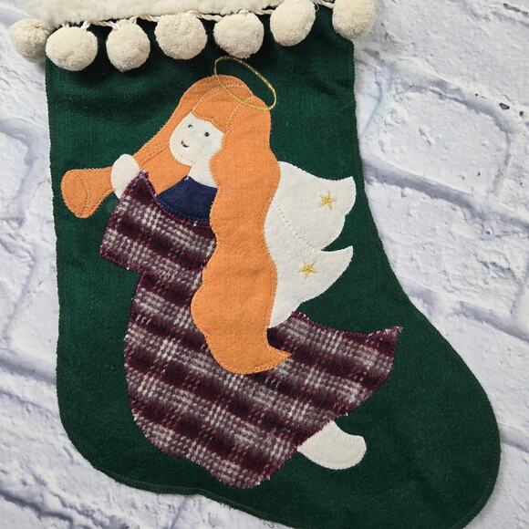 Old Fashion Angel Christmas Green Stocking White Fleece Cuff Green Check Lining - Picture 3 of 10